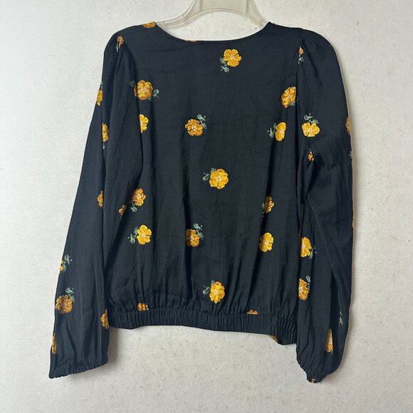 MADEWELL Black Floral Bubble-Sleeve Wrap Blouse Top "Floating Florets" Sz M - Picture 4 of 6